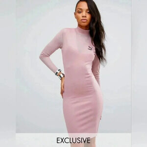Puma Woodrose Dress High Neck Sheer Sleeves V Front Bodycon Size Small New
